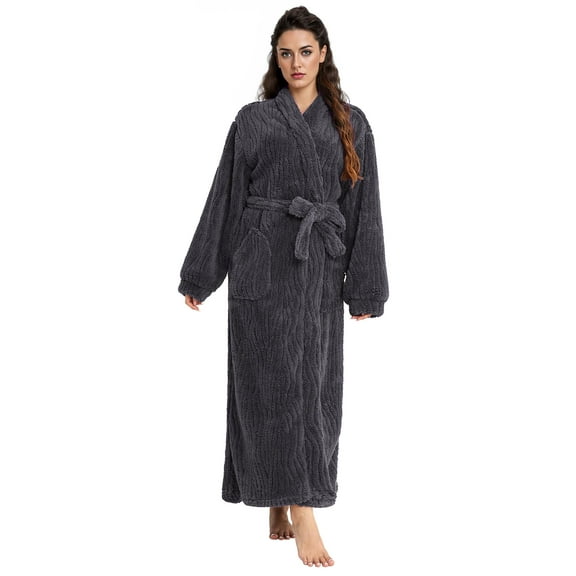 AMITOFO Long Robes for Women, Soft Fluffy Fleece Bath Robe with Front Pocket, Winter Warm Plush Lapel Women's Robes, Adjustable Belt
