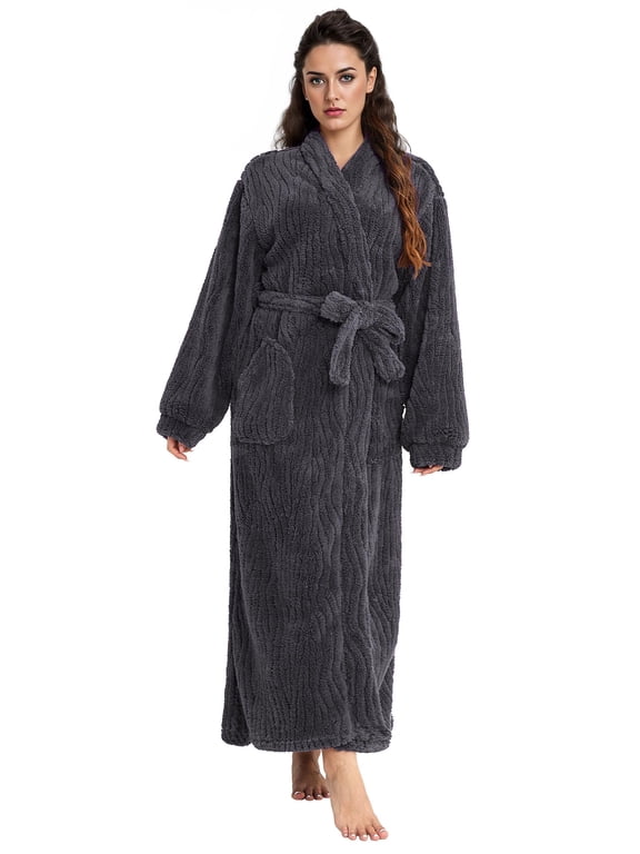 Long Robes for Women, Soft Fluffy Fleece Bath Robe with Front Pocket, Winter Warm Plush Lapel Women's Robes, Adjustable Belt