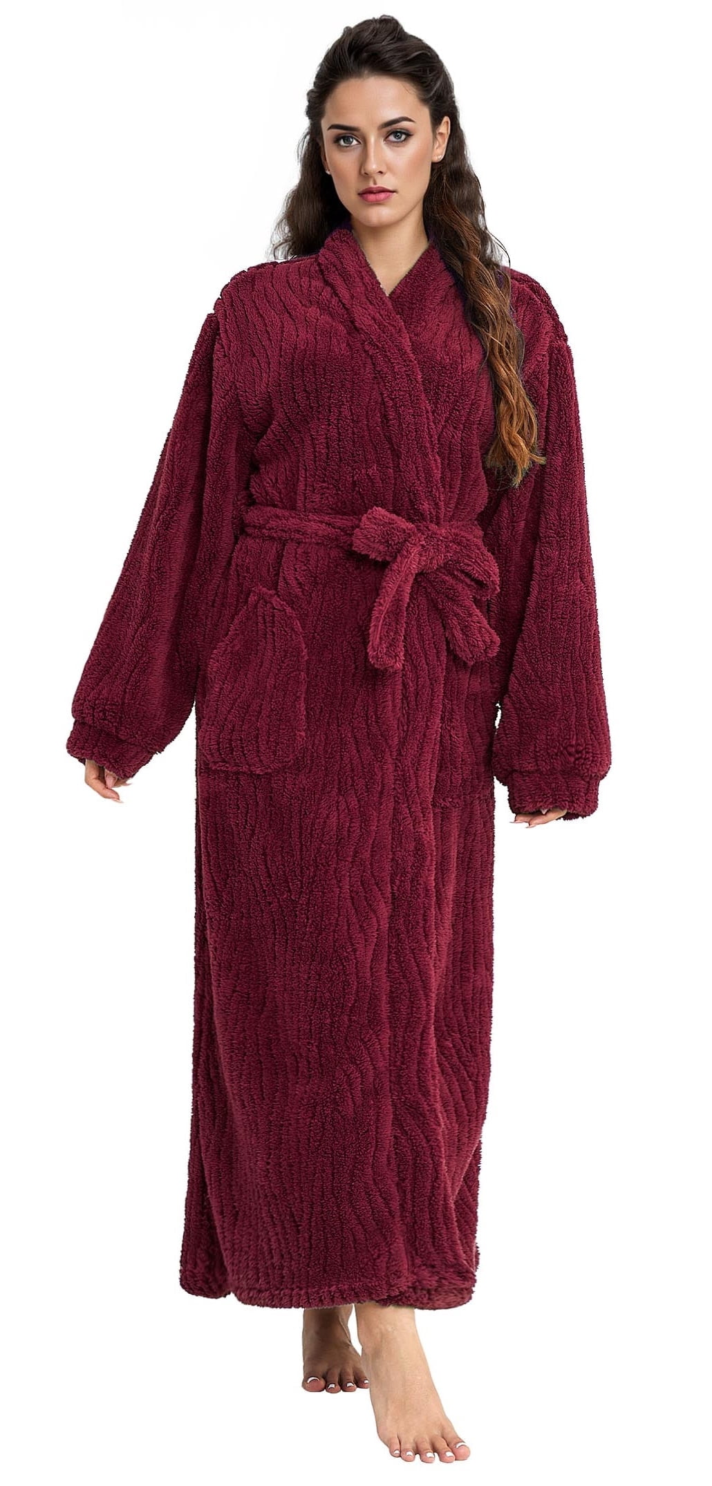AMITOFO Long Robes for Women, Soft Fluffy Fleece Bath Robe with Front ...