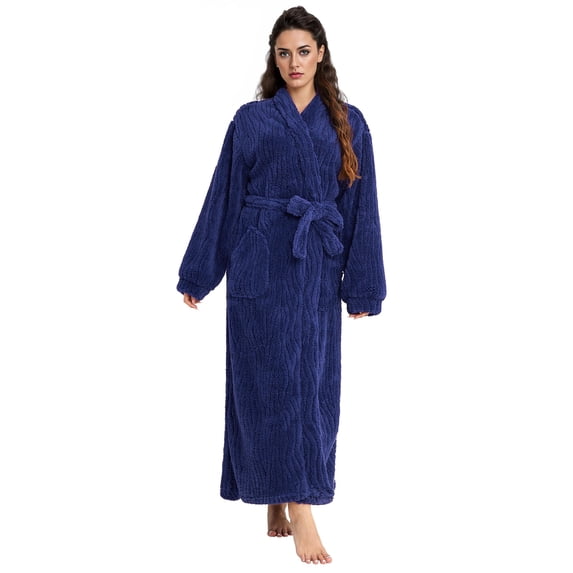 AMITOFO Long Robes for Women, Soft Fluffy Fleece Bath Robe with Front Pocket, Winter Warm Plush Lapel Women's Robes, Adjustable Belt