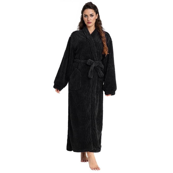 AMITOFO Long Robes for Women, Soft Fluffy Fleece Bath Robe with Front Pocket, Winter Warm Plush Lapel Women's Robes, Adjustable Belt