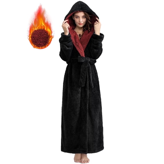 AMITOFO Long Robes for Women with Hood & Pocketsï¼Soft Plush Full Length Hooded Bathrobe Winter Warm Fleece Sleepwear,Size 2XL & Black