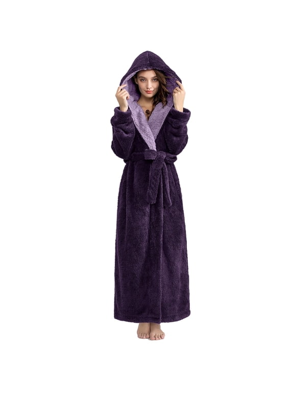 Long Robes for Women with Hood & Pocketsï¼Soft Plush Full Length Hooded Bathrobe Winter Warm Fleece Sleepwear,Size M-XXL & Light Purple