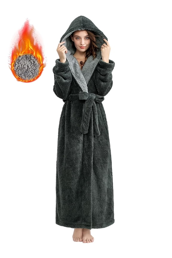 Long Robes for Women with Hood & Pockets，Soft Plush Full Length Hooded Bathrobe Winter Warm Fleece Sleepwear,Size M-XXL & Gray