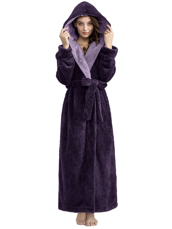 Long Robes for Women with Hood & Pocketsï¼Soft Plush Full Length Hooded Bathrobe Winter Warm Fleece Sleepwear,Size M-XXL & Light Purple