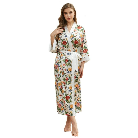 AMITOFO Long Satin Kimono Robes for Women – Lightweight Silky Floral Bathrobe with 3/4 Sleeves, Soft Cozy Loungewear, Sizes S to 5XL
