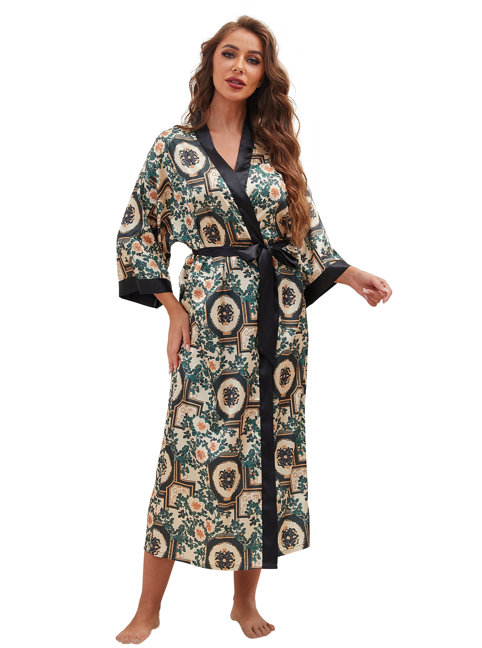 Silky Patterned Robe AMITOFO Long Satin Kimono Robes for Women – Lightweight Silky Floral ...
