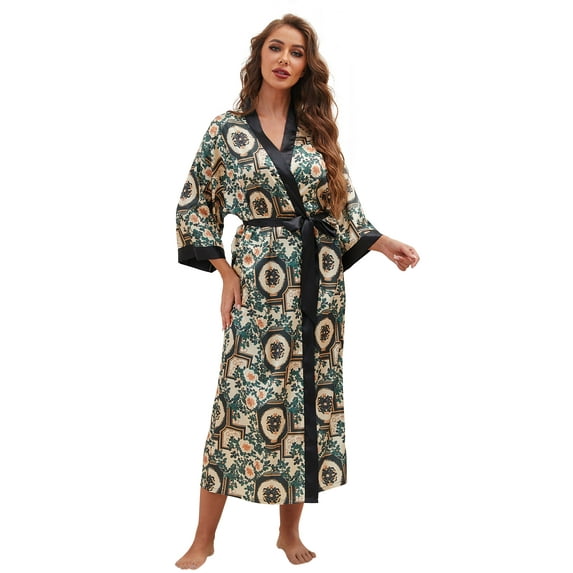 AMITOFO Long Satin Kimono Robes for Women – Lightweight Silky Floral Bathrobe with 3/4 Sleeves, Soft Cozy Loungewear, Sizes SM
