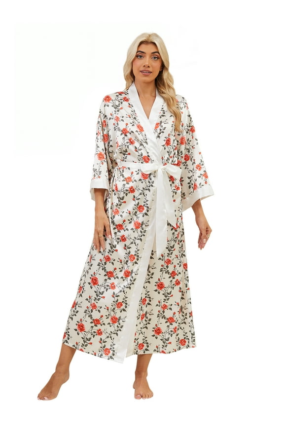 Long Satin Kimono Robes for Women – Lightweight Silky Floral Bathrobe with 3/4 Sleeves, Soft Cozy Loungewear, Sizes S to 5XL