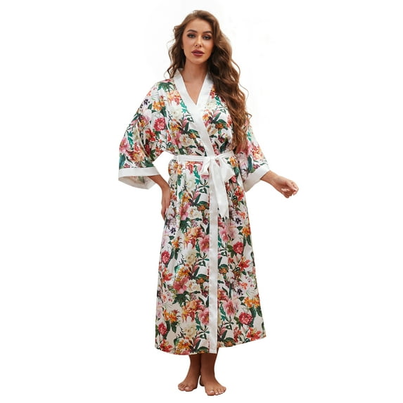 AMITOFO Long Satin Kimono Robes for Women – Lightweight Silky Floral Bathrobe with 3/4 Sleeves, Soft Cozy Loungewear, Sizes S to 5XL