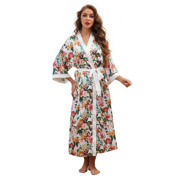 AMITOFO Long Satin Kimono Robes for Women – Lightweight Silky Floral Bathrobe with 3/4 Sleeves, Soft Cozy Loungewear, Sizes S to 5XL