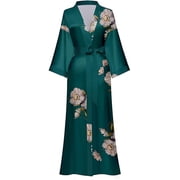 AMITOFO Long Silky Kimono Robes for Women Lightweight Silky Satin Floral Bathrobe Soft Cozy Ladies Housecoat Loungewear