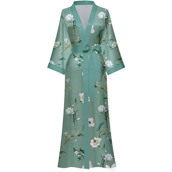 AMITOFO Long Silk Kimono Robes for Women Lightweight Silky Satin Floral Bathrobe Soft Cozy Ladies Housecoat Loungewear