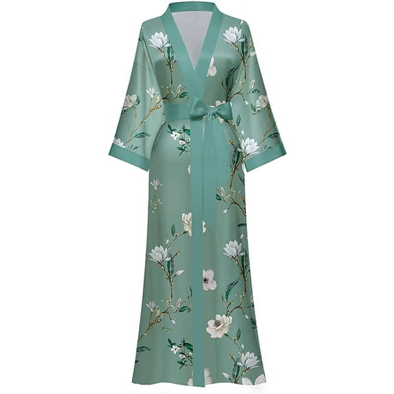 AMITOFO Long Silk Kimono Robes for Women Lightweight Silky Satin Floral Bathrobe Soft Cozy Ladies Housecoat Loungewear
