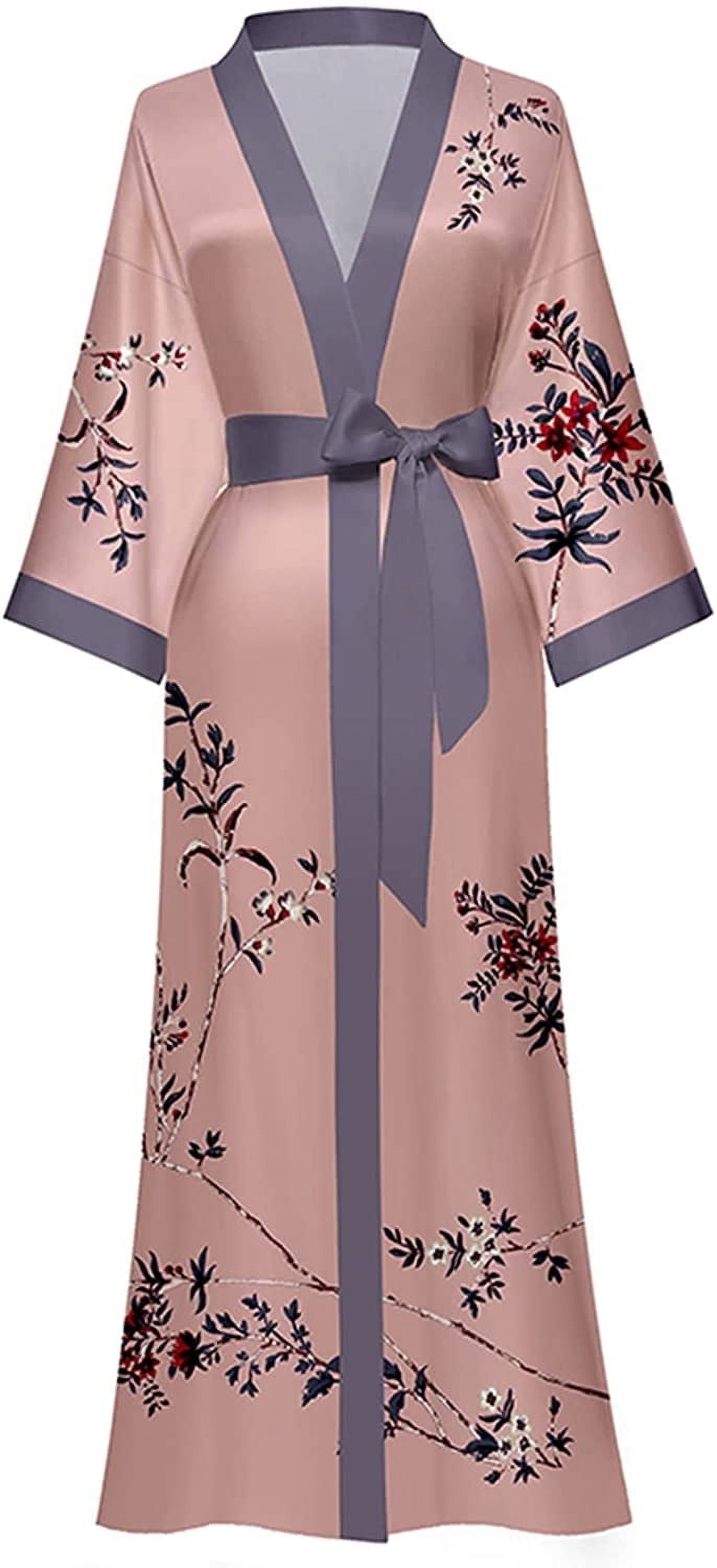 AMITOFO Long Silky Kimono Robes for Women Lightweight Silky Satin Floral Bathrobe Soft Cozy Ladies Housecoat Loungewear