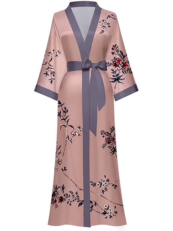 Long Silky Kimono Robes for Women Lightweight Silky Satin Floral Bathrobe Soft Cozy Ladies Housecoat Loungewear