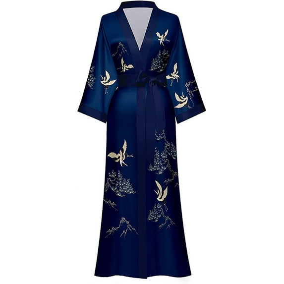 AMITOFO Long Silk Kimono Robes for Women Lightweight Silky Satin Floral Bathrobe Soft Cozy Ladies Housecoat Loungewear