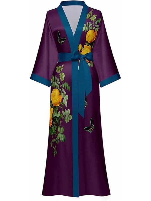 Long Silky Kimono Robes for Women Lightweight Silky Satin Floral Bathrobe Soft Cozy Ladies Housecoat Loungewear