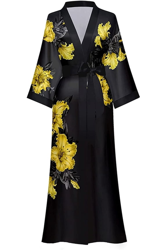 Long Silk Kimono Robes for Women Lightweight Silky Satin Floral Bathrobe Soft Cozy Ladies Housecoat Loungewear