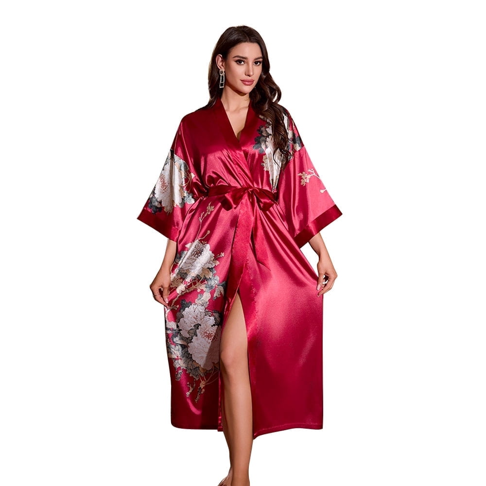 Silky Patterned Robe AMITOFO Long Silk Kimono Robes for Women Lightweight Silky Satin Floral ...