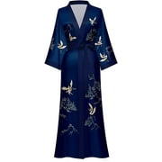 AMITOFO Long Silk Kimono Robes for Women Lightweight Silky Satin Floral Bathrobe Soft Cozy Ladies Housecoat Loungewear