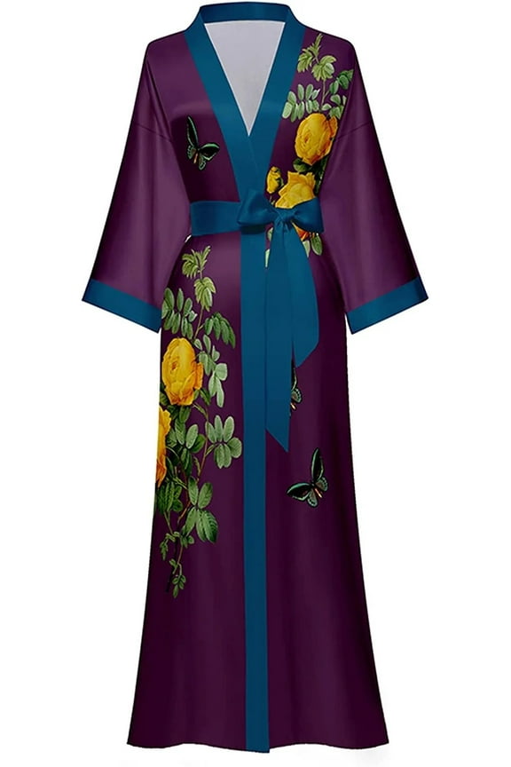 Long Silk Kimono Robes for Women Lightweight Silky Satin Floral Bathrobe Soft Cozy Ladies Housecoat Loungewear
