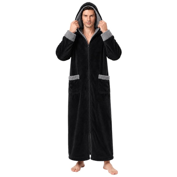 AMITOFO Mens Zip Up Hooded Plush Robe, 300 GSM Coral Fleece Full Length Robes for Men with Pockets, Soft Warm Thick Fluffy Winter Housecoat Sleepwear for Big and Tall, Black, L