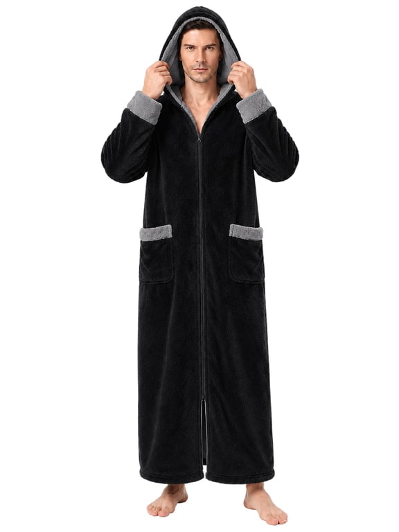 Mens Zip Up Hooded Plush Robe, 300 GSM Coral Fleece Full Length Robes for Men with Pockets, Soft Warm Thick Fluffy Winter Housecoat Sleepwear for Big and Tall, Black, L