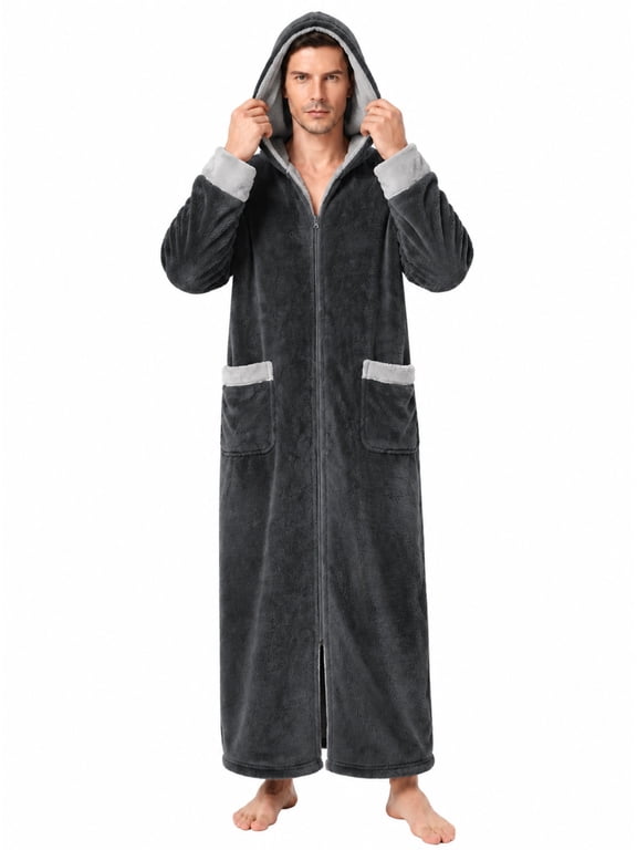 Mens Zip Up Hooded Plush Robe, 300 GSM Coral Fleece Full Length Robes for Men with Pockets, Soft Warm Thick Fluffy Winter Housecoat Sleepwear for Big and Tall, Gray, L