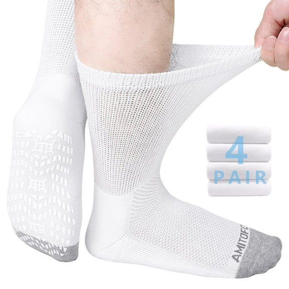 AMITOFO Non-Binding Diabetic Socks with Anti-Slip Grips,4 Pairs Loose Fit Cotton Crew Socks for Men and Women,Comfort and Safe Gripper Socks for Elderly,White