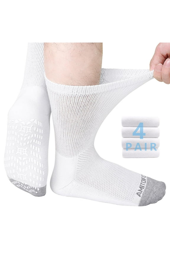 Non-Binding Diabetic Socks with Anti-Slip Grips,4 Pairs Loose Fit Cotton Crew Socks for Men and Women,Comfort and Safe Gripper Socks for Elderly,White