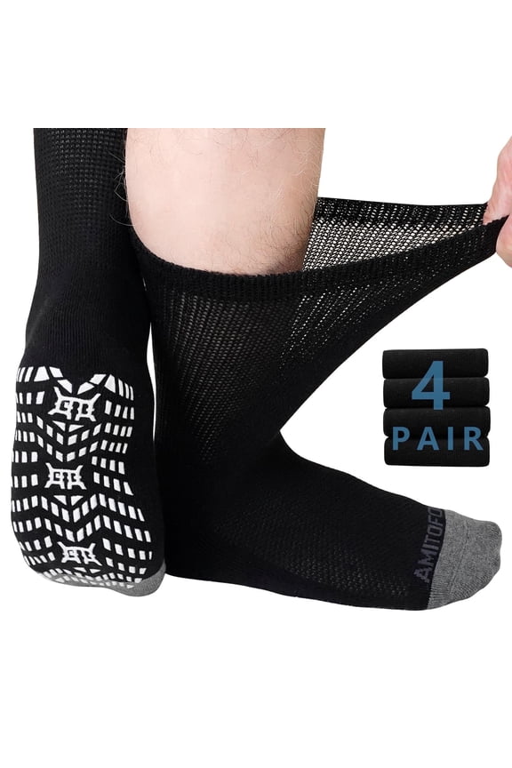 Non-Binding Diabetic Socks with Anti-Slip Grips,4 Pairs Loose Fit Cotton Crew Socks for Men and Women,Comfort and Safe Gripper Socks for Elderly,Black
