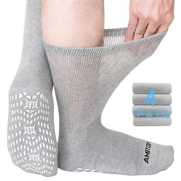 AMITOFO Non-Binding Diabetic Socks with Anti-Slip Grips,4 Pairs Loose Fit Cotton Crew Socks for Men and Women,Comfort and Safe Gripper Socks for Elderly,Gray