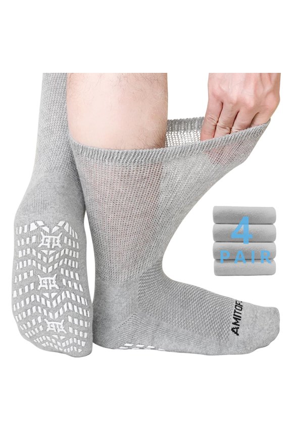 Non-Binding Diabetic Socks with Anti-Slip Grips,4 Pairs Loose Fit Cotton Crew Socks for Men and Women,Comfort and Safe Gripper Socks for Elderly,Gray