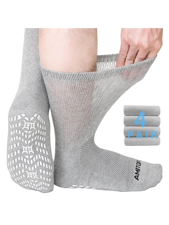 Non-Binding Diabetic Socks with Anti-Slip Grips,4 Pairs Loose Fit Cotton Crew Socks for Men and Women,Comfort and Safe Gripper Socks for Elderly,Gray