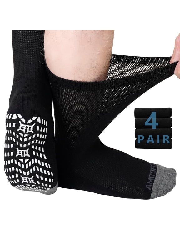 Non-Binding Diabetic Socks for Men and Women, 4 Pairs Loose Fit Cotton Crew Socks with Anti-Slip Grips,Comfort and Safe Gripper Socks for Elderly,Black