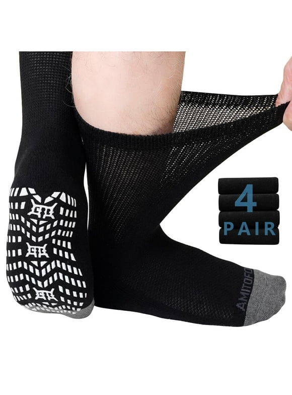 Non-Binding Diabetic Socks for Men and Women, 4 Pairs Loose Fit Cotton Crew Socks with Anti-Slip Grips,Comfort and Safe Gripper Socks for Elderly,Black