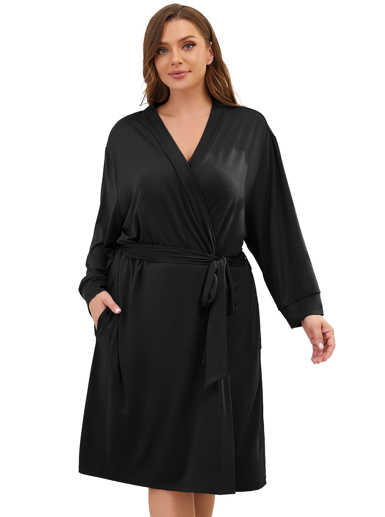 Plus Size Robes for Women – Lightweight 3/4 Sleeve Bathrobe with Adjustable Waist Belt & Pockets – V-Neck Maternity Robe, Soft Breathable Fabric, Ideal for All Seasons, XL-5XL, Black