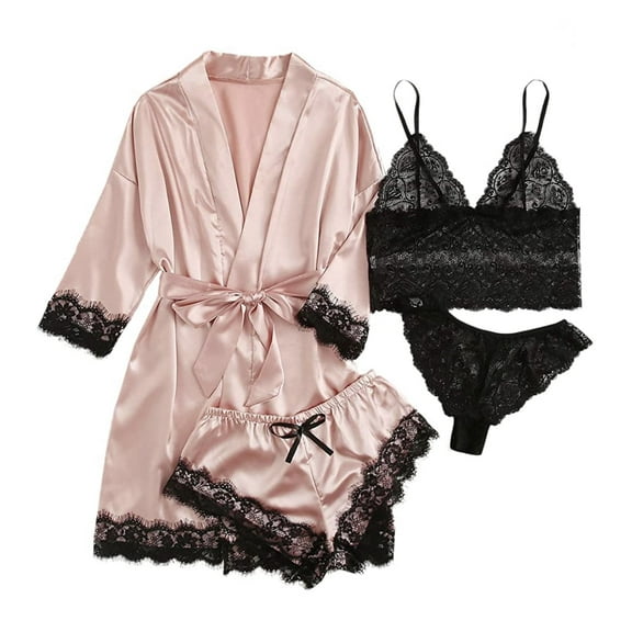 AMITOFO Robes for Women Satin Silk Pajamas Set 4pcs Lace Trim Cami Sexy Lingerie Sleepwear Underwear