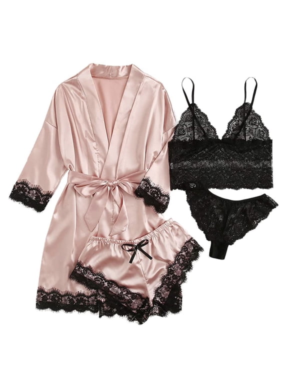 Robes for Women Satin Silk Pajamas Set 4pcs Lace Trim Cami Sexy Lingerie Sleepwear Underwear