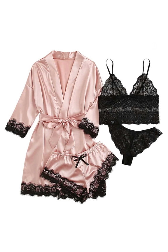 Robes for Women Satin Silk Pajamas Set 4pcs Lace Trim Cami Sexy Lingerie Sleepwear Underwear