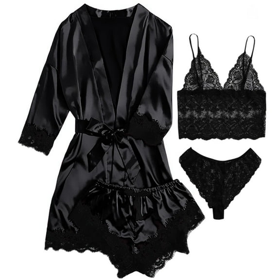 AMITOFO Robes for Women Satin Silk Pajamas Set 4pcs Lace Trim Cami Sexy Lingerie Sleepwear Underwear