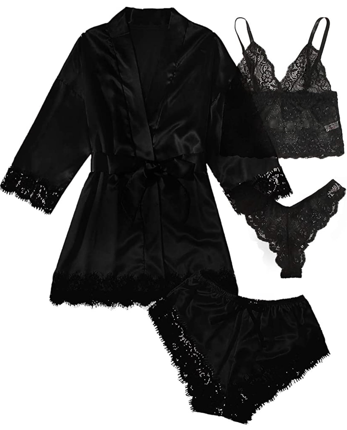 AMITOFO Robes for Women Satin Silk Pajamas Set 4pcs Lace Trim Cami Sexy ...