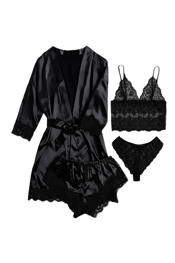 Robes for Women Satin Silk Pajamas Set 4pcs Lace Trim Cami Sexy Lingerie Sleepwear Underwear