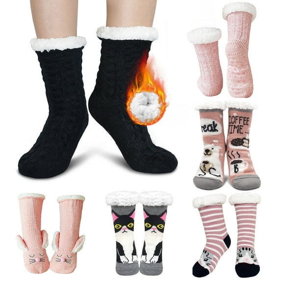AMITOFO Sherpa Slipper Socks for Women with Grip Non Slip Fuzzy Fluffy Winter Cozy Cabin Warm Fleece Soft Home Socks, Black