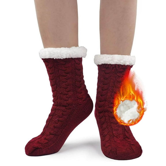 AMITOFO Sherpa Slipper Socks for Women with Grip Non Slip Fuzzy Fluffy Winter Cozy Cabin Warm Fleece Soft Home Socks,Wine Red