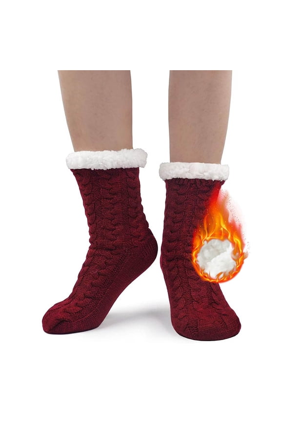 Sherpa Slipper Socks for Women with Grip Non Slip Fuzzy Fluffy Winter Cozy Cabin Warm Fleece Soft Home Socks,Wine Red
