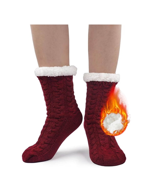 Sherpa Slipper Socks for Women with Grip Non Slip Fuzzy Fluffy Winter Cozy Cabin Warm Fleece Soft Home Socks,Wine Red