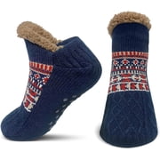 AMITOFO Slipper Socks for Men Thick Thermal Fuzzy Socks Winter Soft Warm Fleece Fluffy Socks with Non Skid Gripper Christmas Gift,Navy Blue Size 11-13