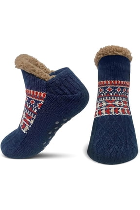 Slipper Socks for Men Thick Thermal Fuzzy Socks Winter Soft Warm Fleece Fluffy Socks with Non Skid Gripper Christmas Gift,Navy Blue Size 11-13